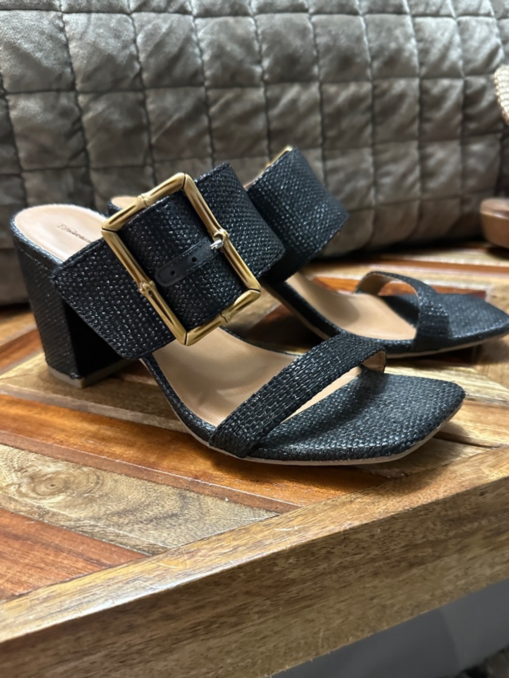 Universal Thread Black Textured Block Heel Mules with Gold Buckle